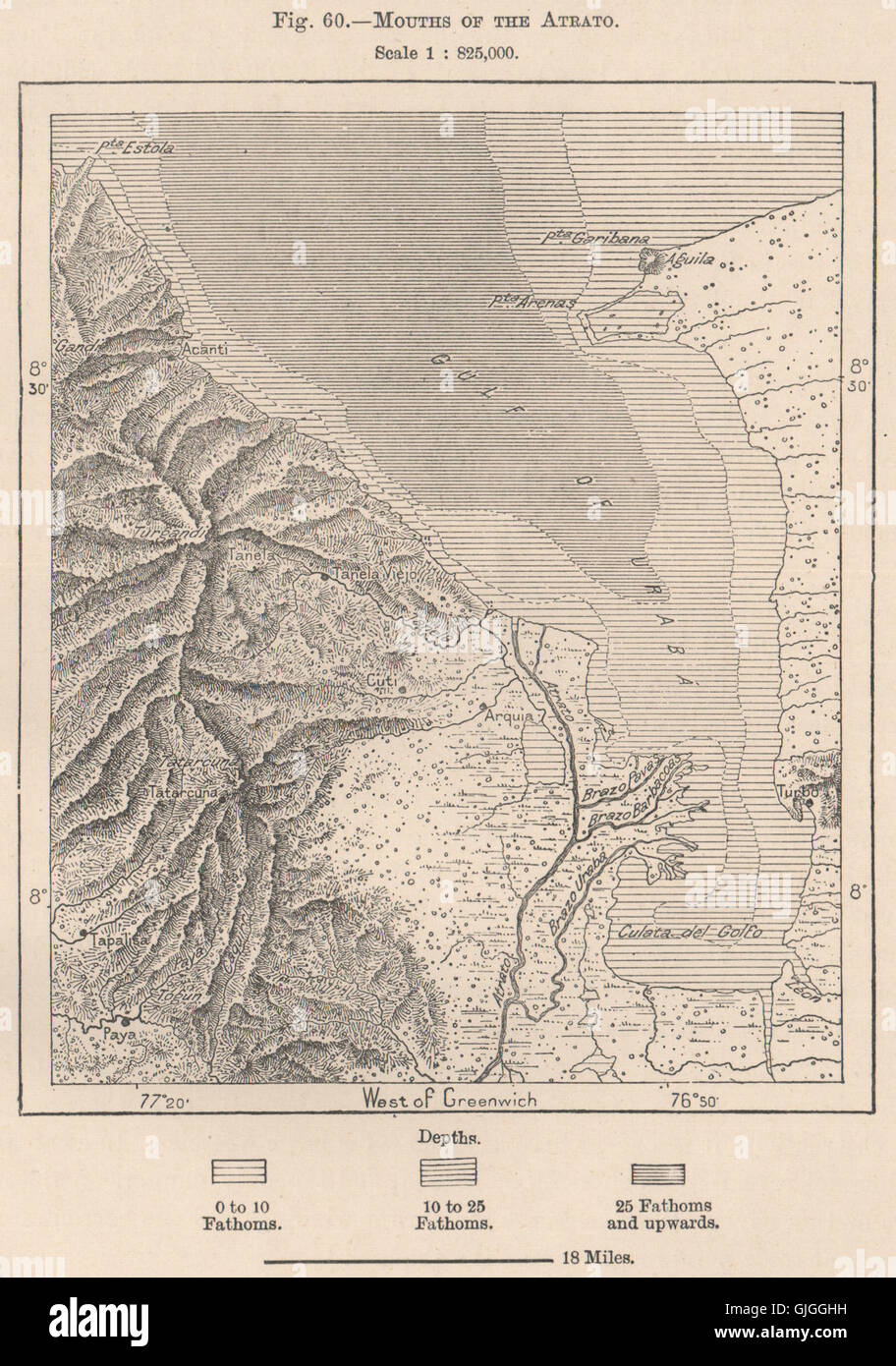 Bocas del Atrato. Golfo de Urabá. Turbo. Colombia, 1885 mapa antiguo