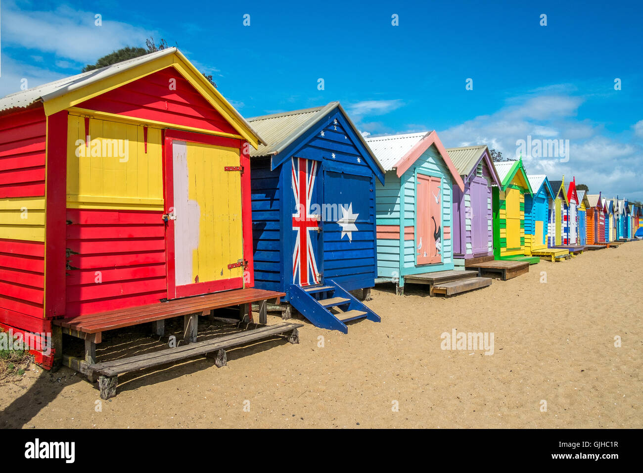 Cabañas de playa multicolor, Brighton, Melbourne, Victoria, Australia Foto de stock