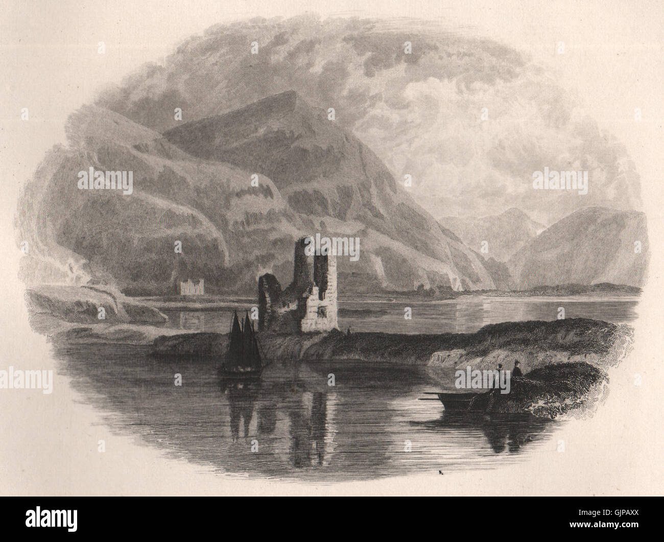 El castillo de Ardvreck, Loch Assynt, Sutherland. Escocia, grabado antiguo 1845 Foto de stock