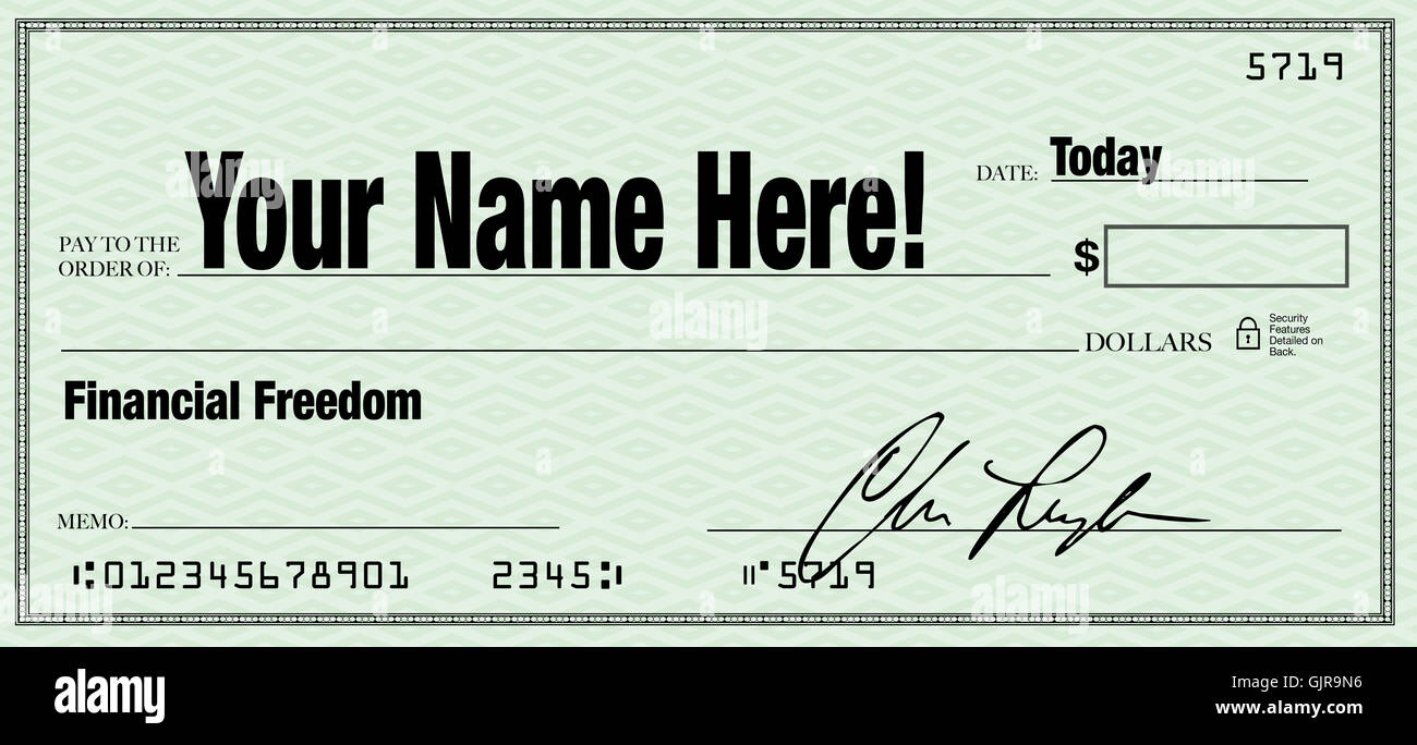 Libertad Financiera - su nombre en cheque en blanco Foto de stock