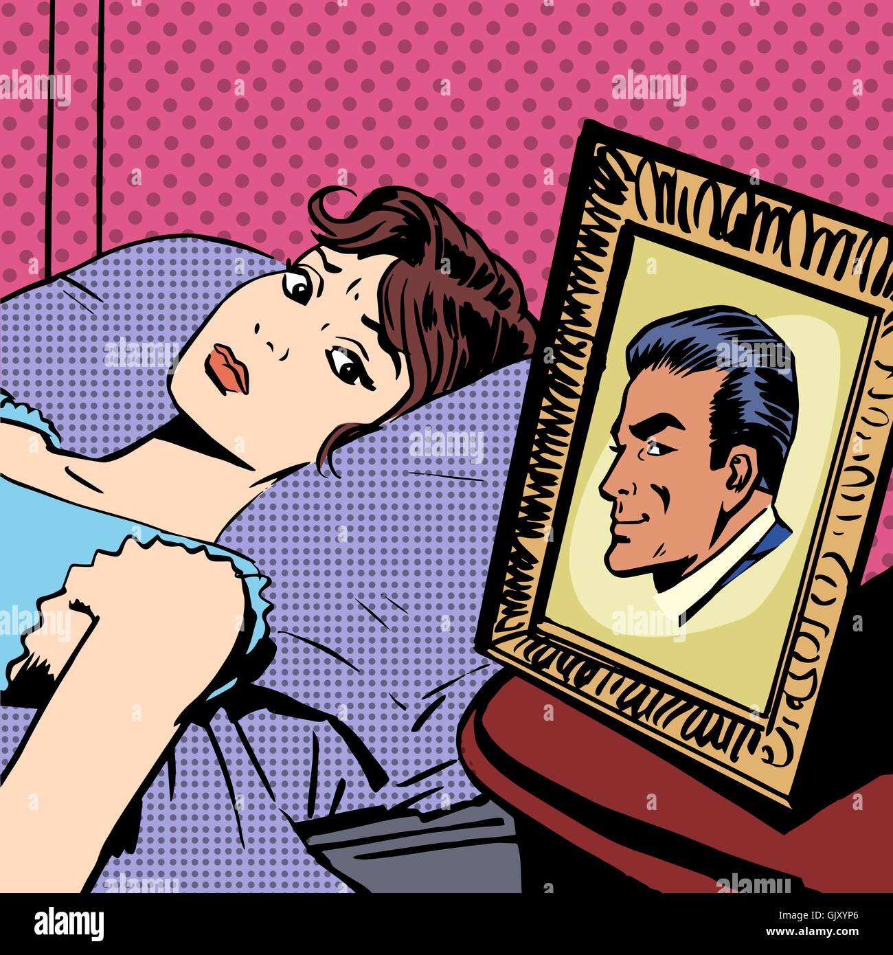 Mujer en la cama foto hombres esposa esposo pop art comics estilo retro H Ilustración del Vector