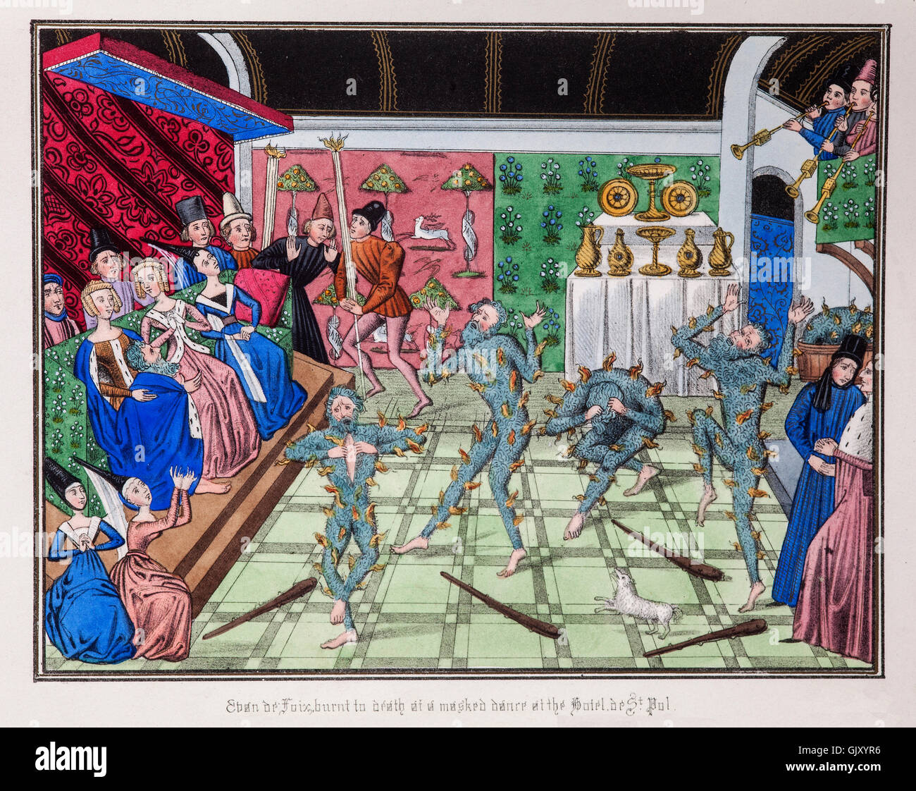 Incluso de Foix, uno de un grupo de hombres disfrazados como wild-hombres quemados a muerte por accidente, durante la celebración de matrimonios en el Hotel St Pol en París en 1393 Foto de stock