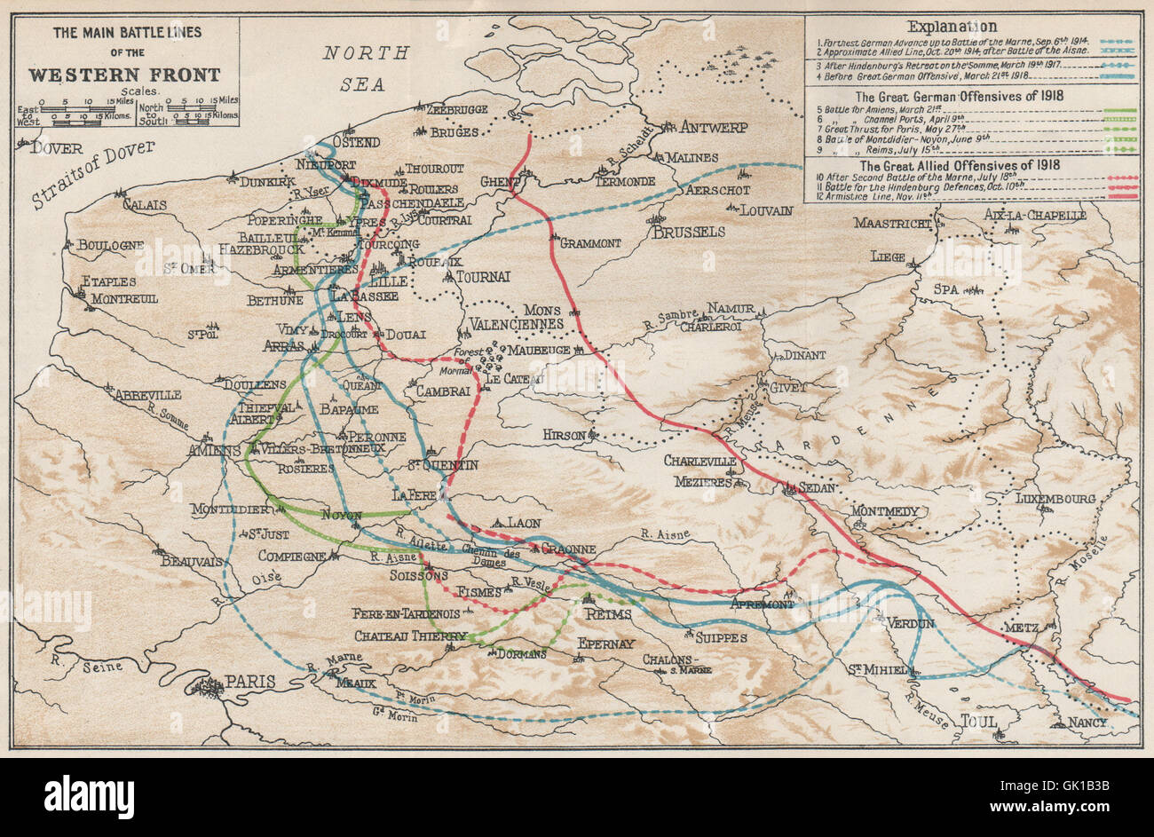 Bélgica: principales líneas de batalla del frente occidental. La Primera  Guerra Mundial. WW1, 1930 mapa Fotografía de stock - Alamy