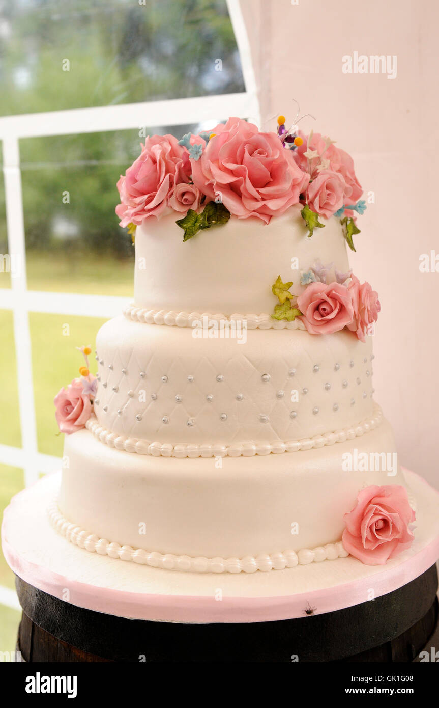 Pastel de boda blanco con flores rosas sobre una mesa en una marquesina  Fotografía de stock - Alamy
