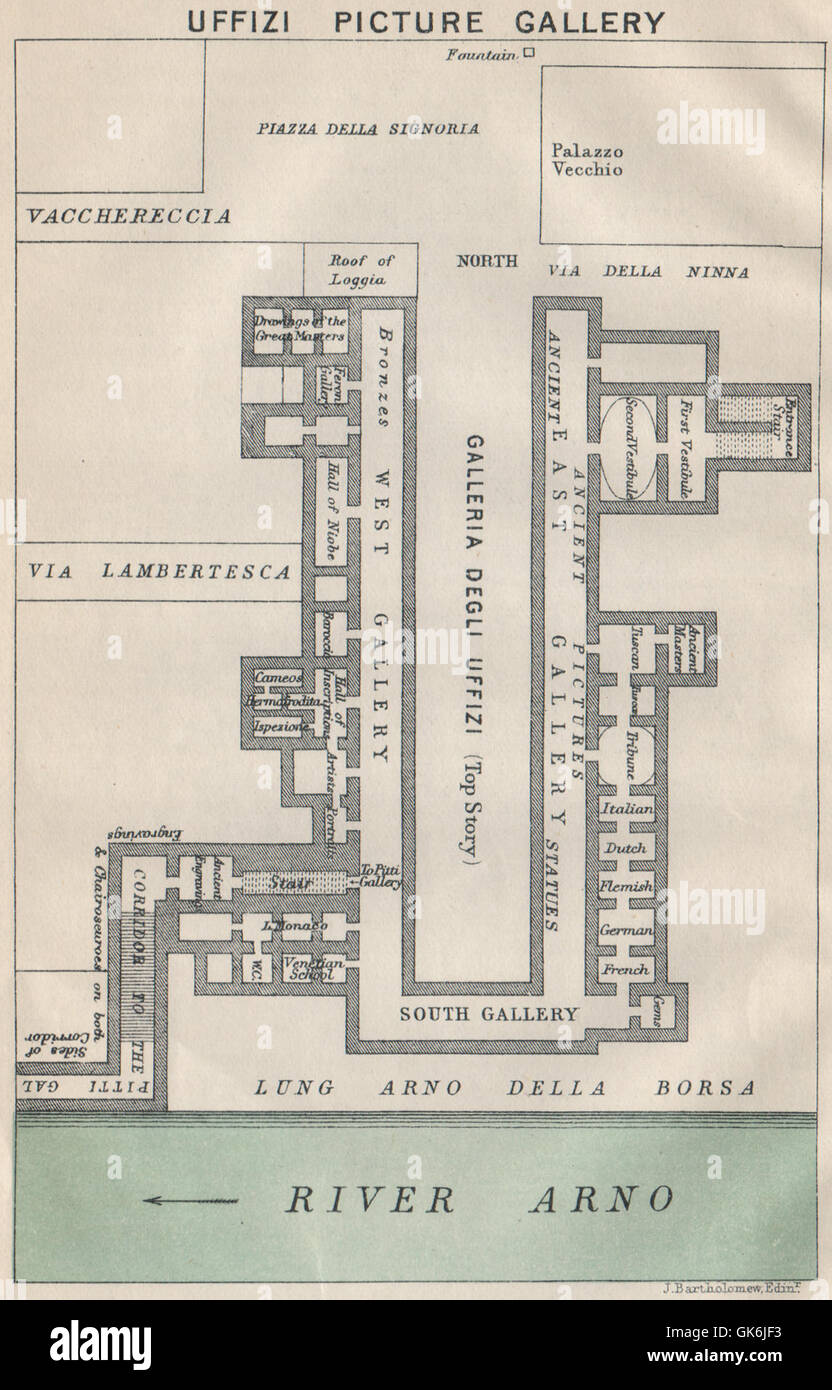 Galería Uffizi. Florencia, 1890 mapa antiguo Fotografía de ...