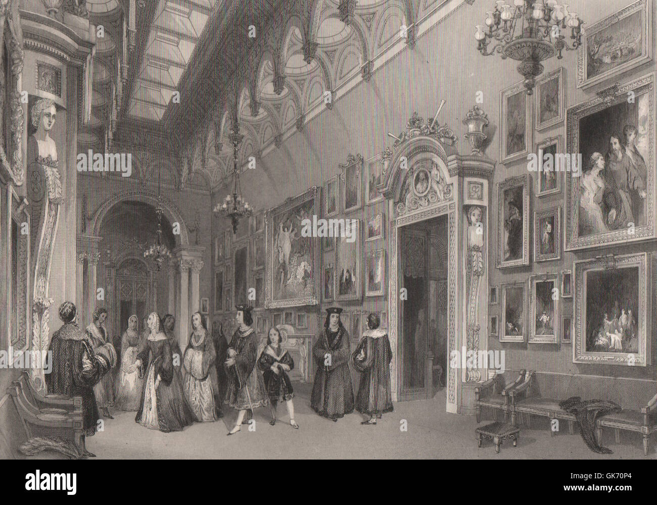 La Galería de imágenes, el Palacio de Buckingham. Londres interiores, grabado antiguo 1841 Foto de stock