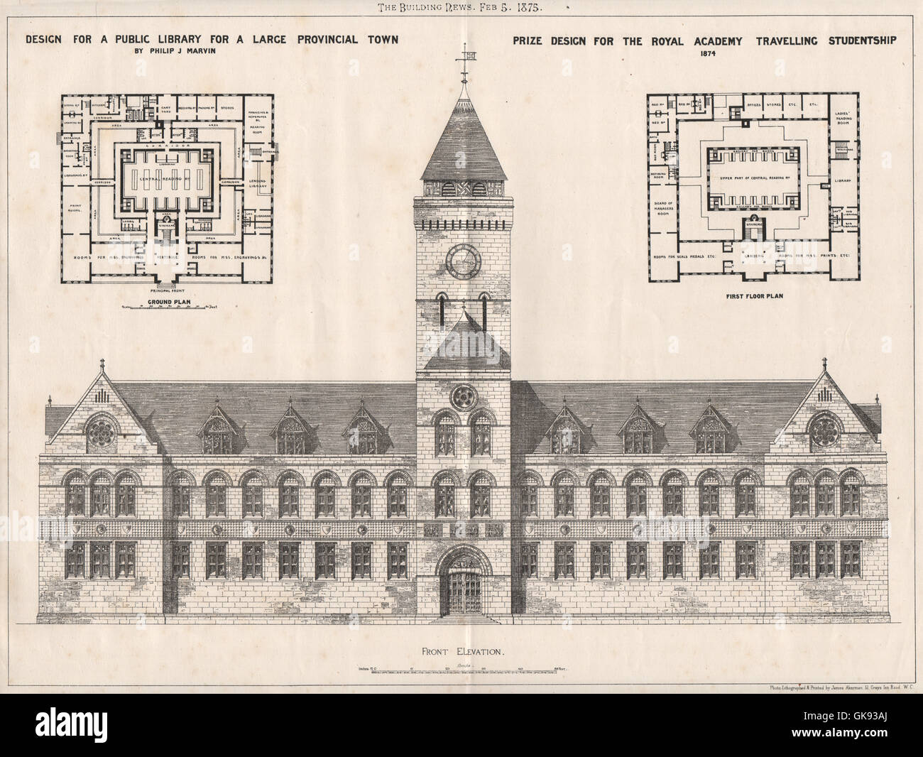 Biblioteca pública Real Academia premio diseño; Philip J. Marvin, impresión antigua 1875 Foto de stock