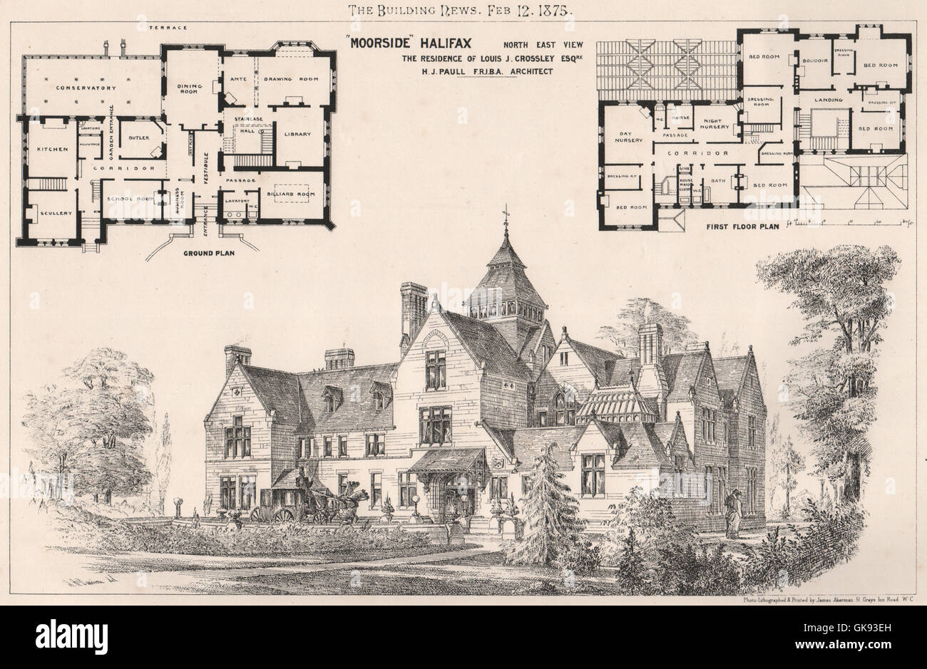 'Moorside', Halifax, casa de Louis J. Crossley; HJ Archt Paull. Yorkshire, 1875 Foto de stock