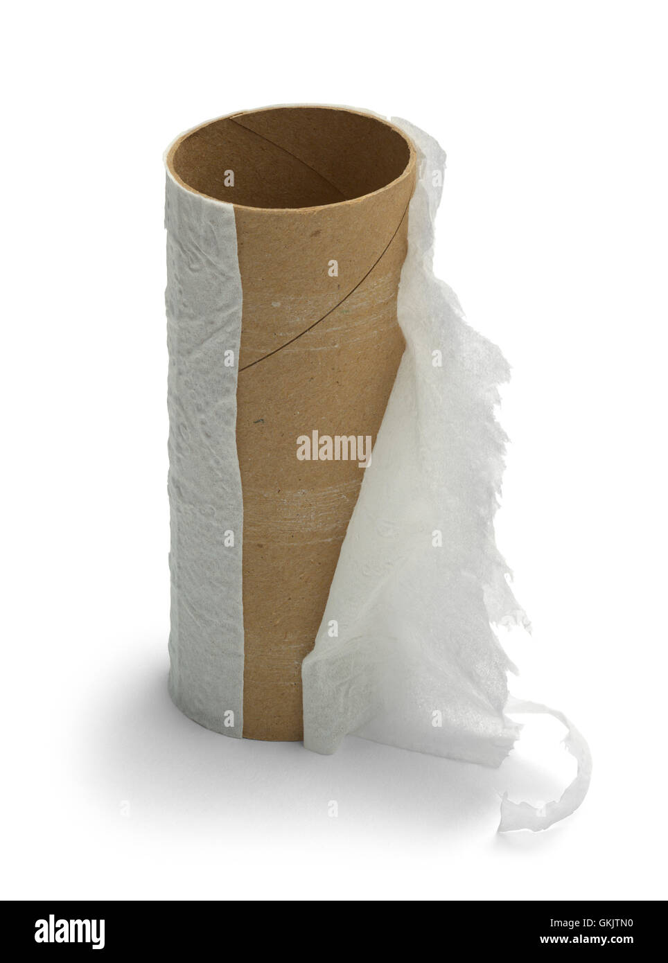 Rollo de papel higiénico usado aislado sobre fondo blanco. Foto de stock