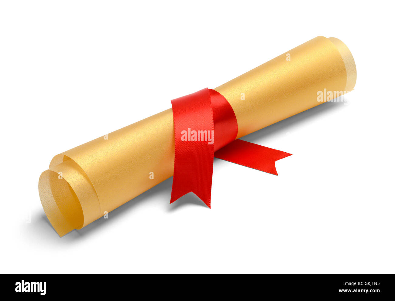 Título Universitario de oro con una cinta roja aislado sobre fondo blanco. Foto de stock