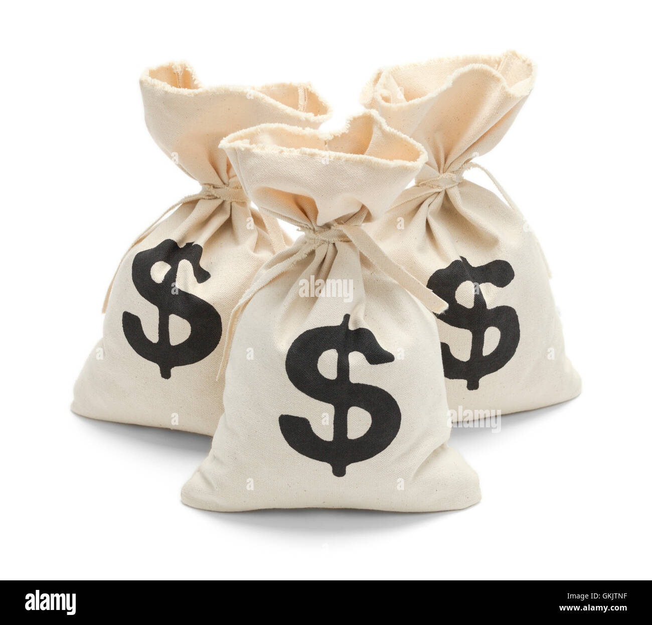 Tres bolsas de dinero vinculado aislado sobre fondo blanco. Foto de stock