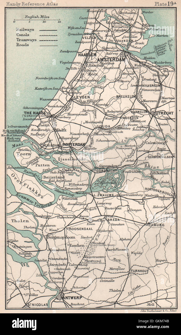 Países Bajos. Amsterdam, La Haya, Rotterdam, Amberes. Bartolomé, 1904 viejo mapa Foto de stock