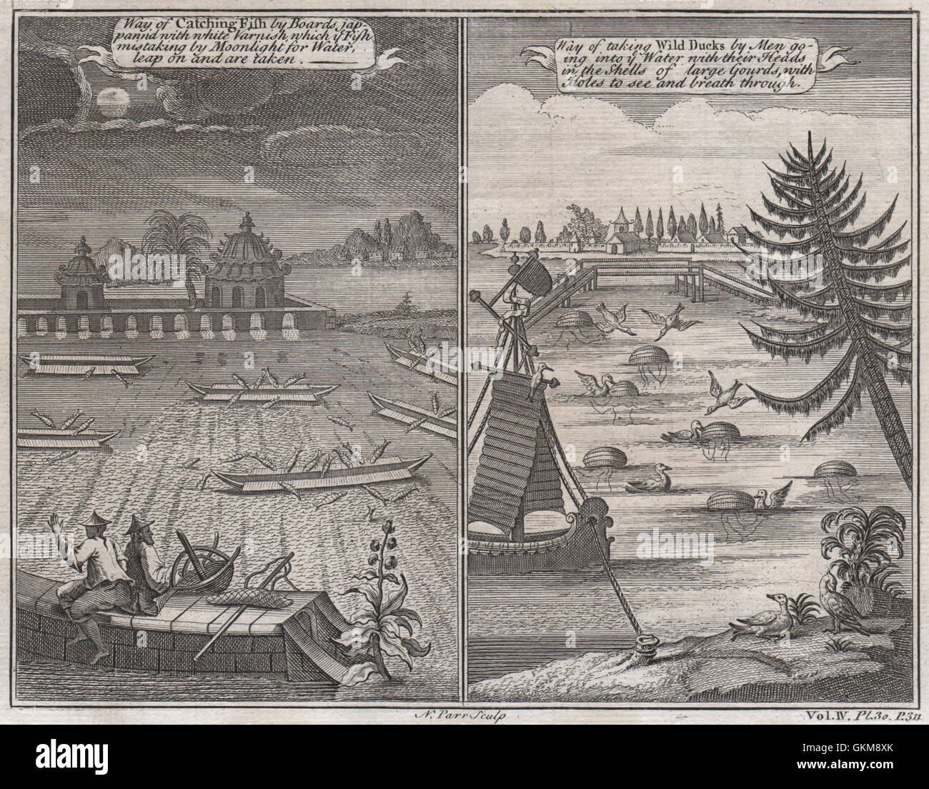 Los métodos de pesca chinos. Barcos barnizada. Disfrazados de pescadores, impresión antigua 1746 Foto de stock