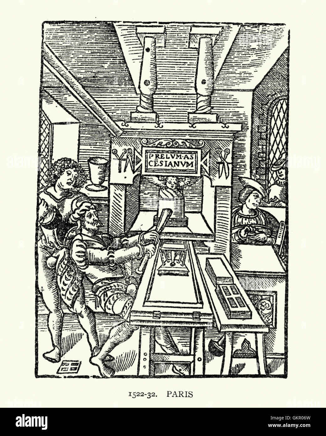Xilografía antigua francesa de un hombre usando una prensa de impresión,  París, c. 1522 - 32 Fotografía de stock - Alamy