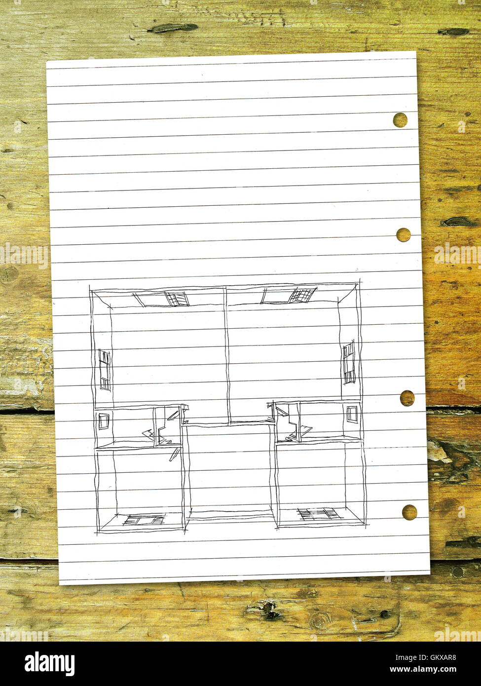 2d negro lápiz de dibujo a mano alzada home apartamento vacío en la hoja de  papel a rayas de color amarillo sobre fondo de madera Fotografía de stock -  Alamy