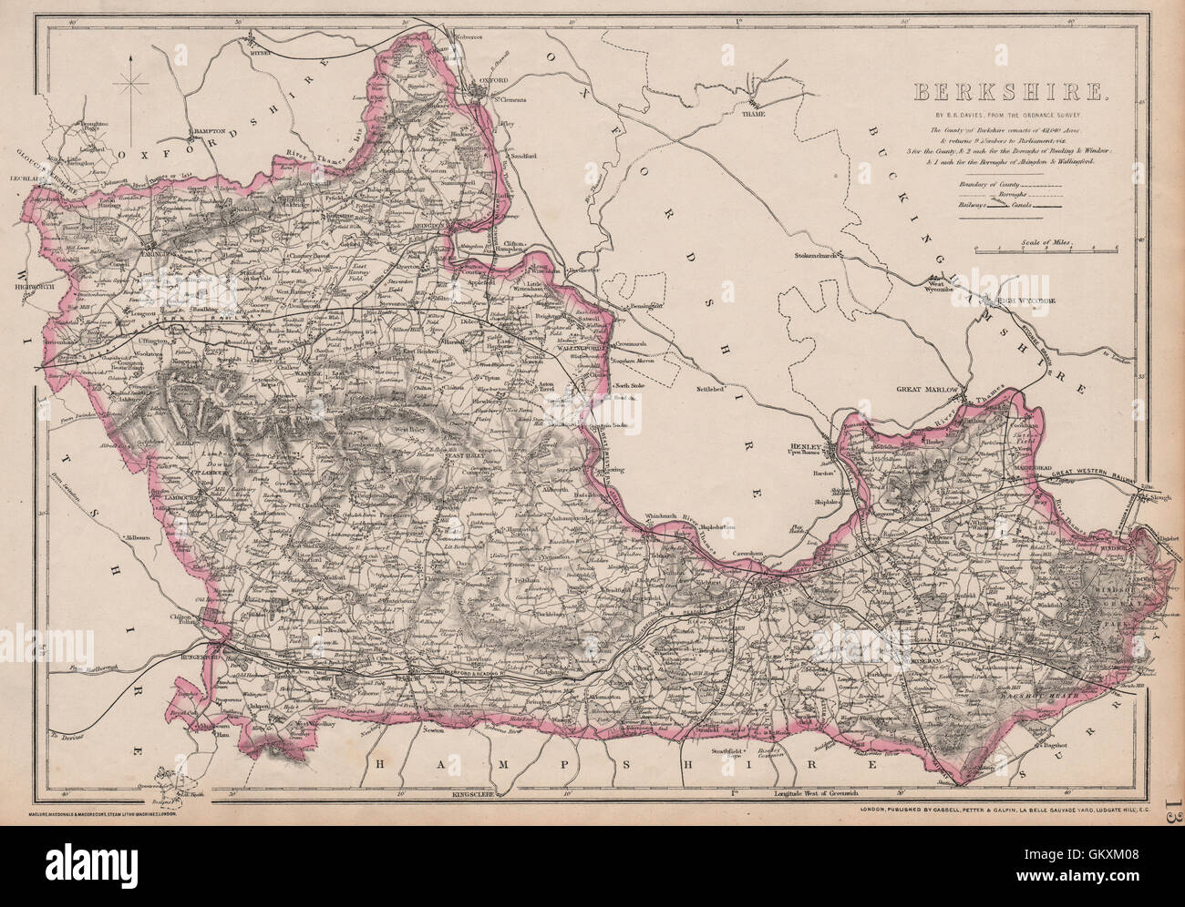 BERKSHIRE. Mapa del condado de antigüedades. Los ferrocarriles canales. BR Davies, 1863 Foto de stock