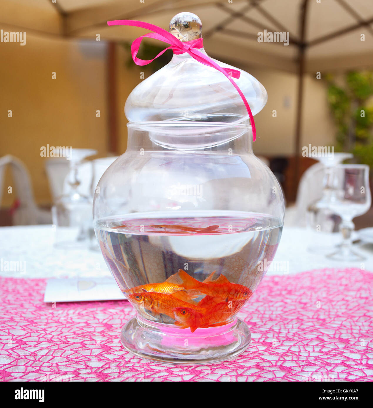 Goldfish en ampolla utilizados como centros de mesa en una fiesta. Foto de stock