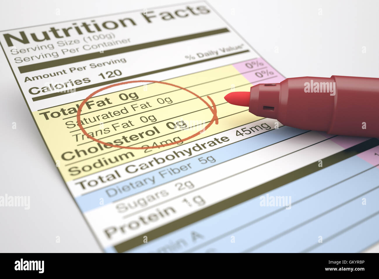 Nutrición de los hechos con los valores cero de grasa, marcados con un lápiz rojo. Foto de stock