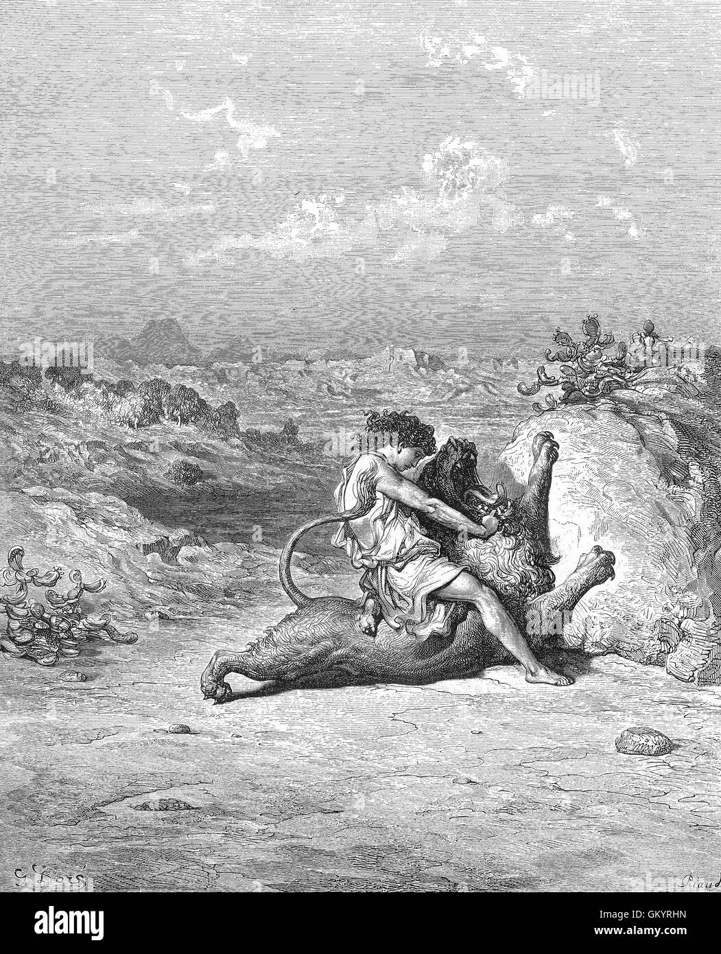 Grabado de Sansón matando un León por Gustave Doré Fotografía de stock