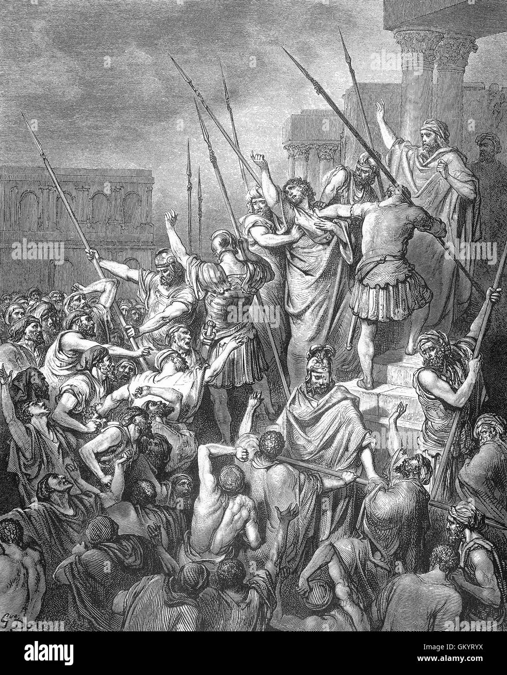 Grabado de San Pablo, rescatado de la multitud por Gustave Doré Foto de stock