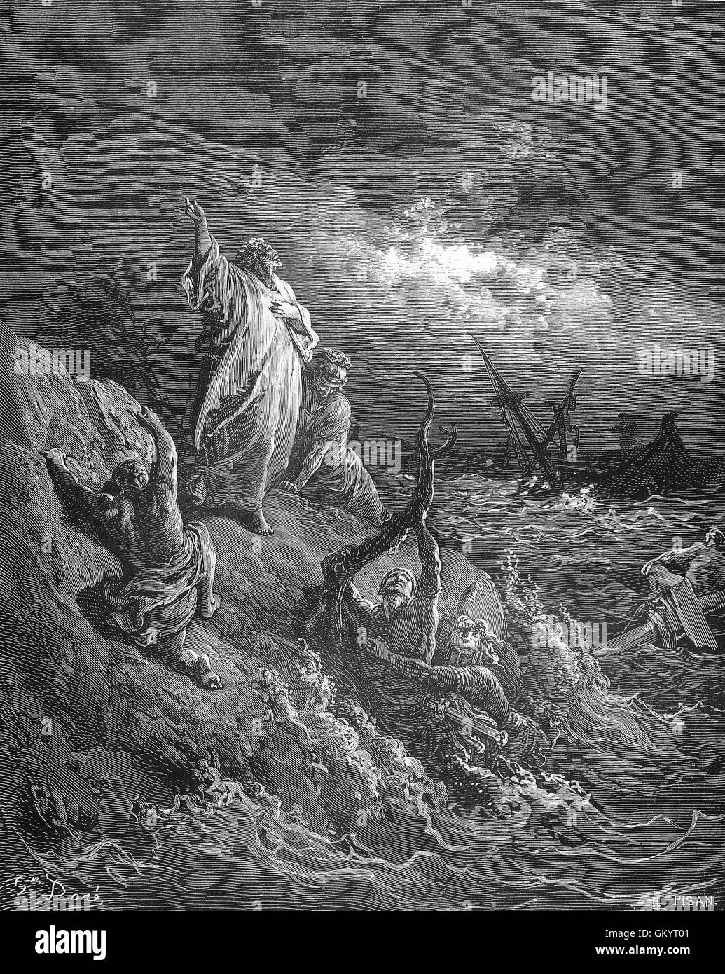 Grabado de San Pablo naufragó por Gustave Doré Foto de stock