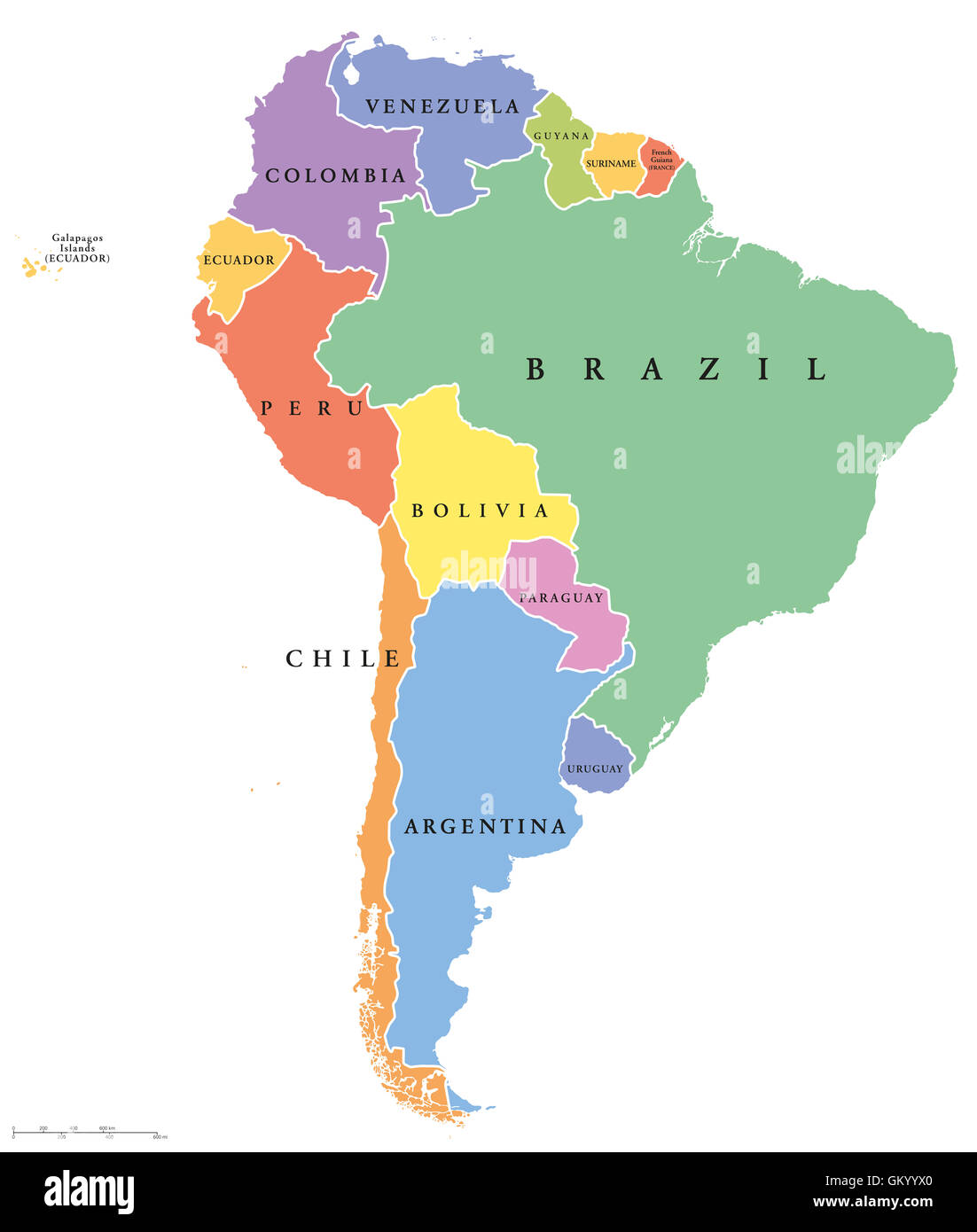 América del Sur solo miembros mapa político. Todos los países en diferentes colores, con las fronteras nacionales y los nombres de países. Foto de stock