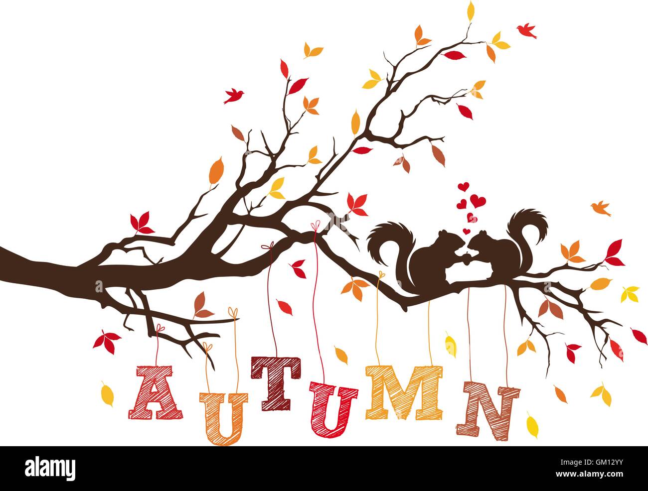 Rama del árbol del otoño con coloridas hojas y ardillas, ilustración vectorial Ilustración del Vector