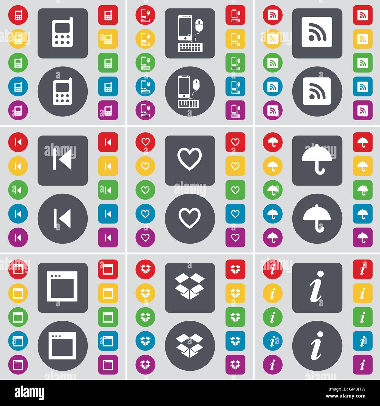 Teléfono móvil, Smartphone, RSS, soporte skip, corazón, Paraguas, símbolo de icono de viento. Un gran conjunto de planos, los botones de colores para su desi Ilustración del Vector