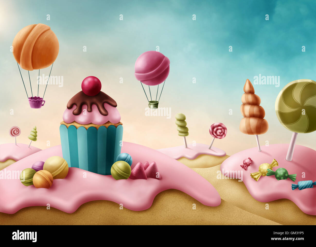 Fantasy candyland con cupcake y bombones Foto de stock