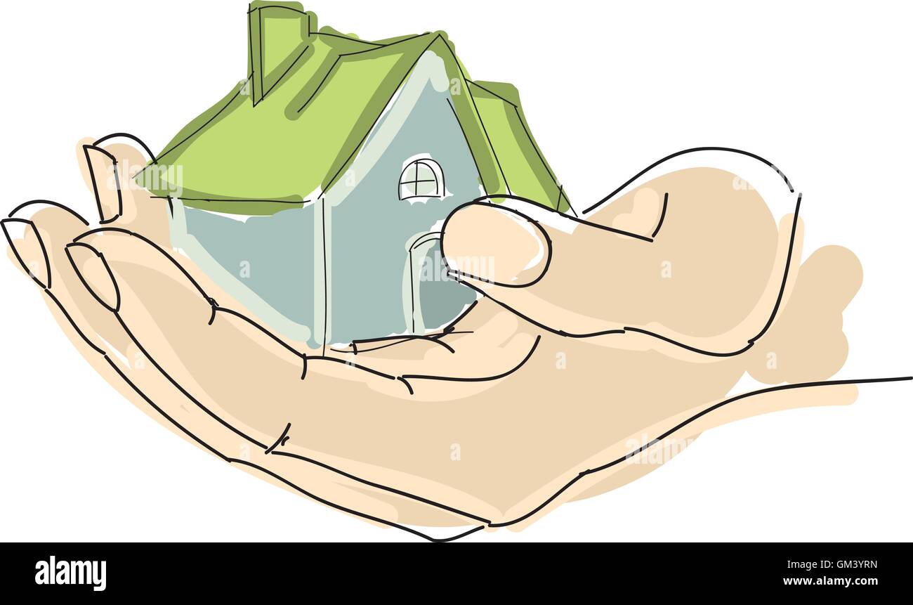 Dibuja el hombre mano sujetando casa con techo verde Ilustración del Vector