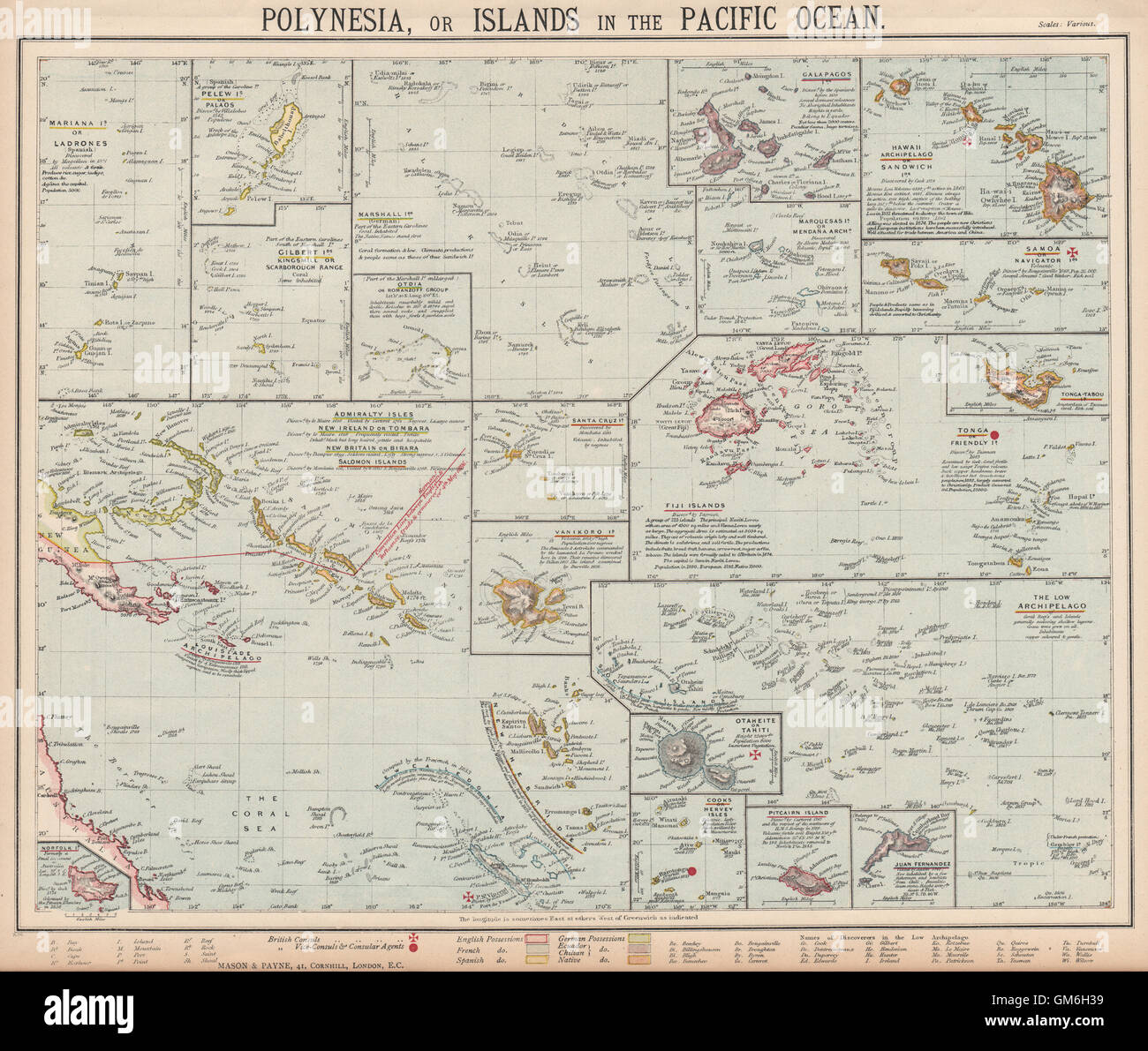 Islas del Pacífico, Samoa, Fiji, Tahití, Polinesia Hawaii Galápagos. LETTS, 1889 mapa Foto de stock
