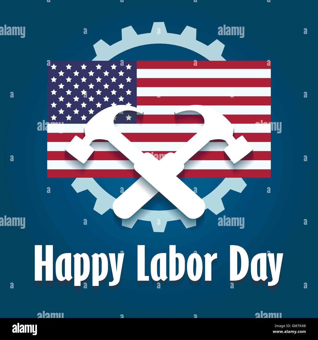 Feliz Día del Trabajo emblema con bandera americana y dos martillos. Ilustración del Vector