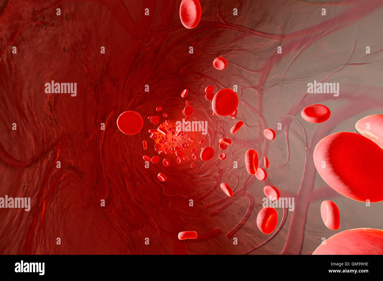 Celdas de eritrocitos que fluyen en una arteria, 3D Rendering Foto de stock
