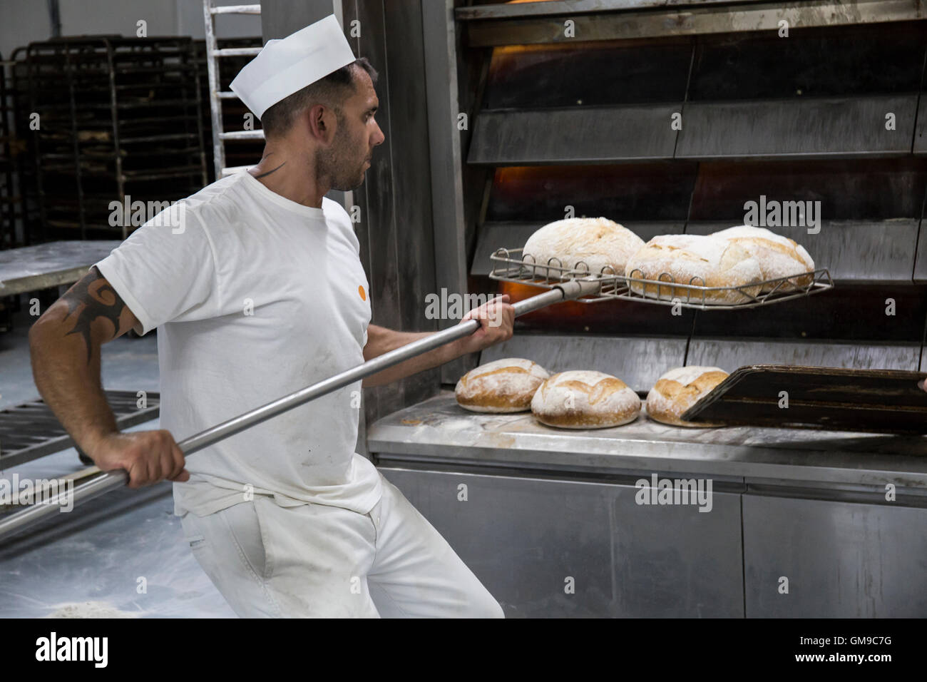 Baker sacando pan recién horneado en el horno de una panadería Fotografía  de stock - Alamy