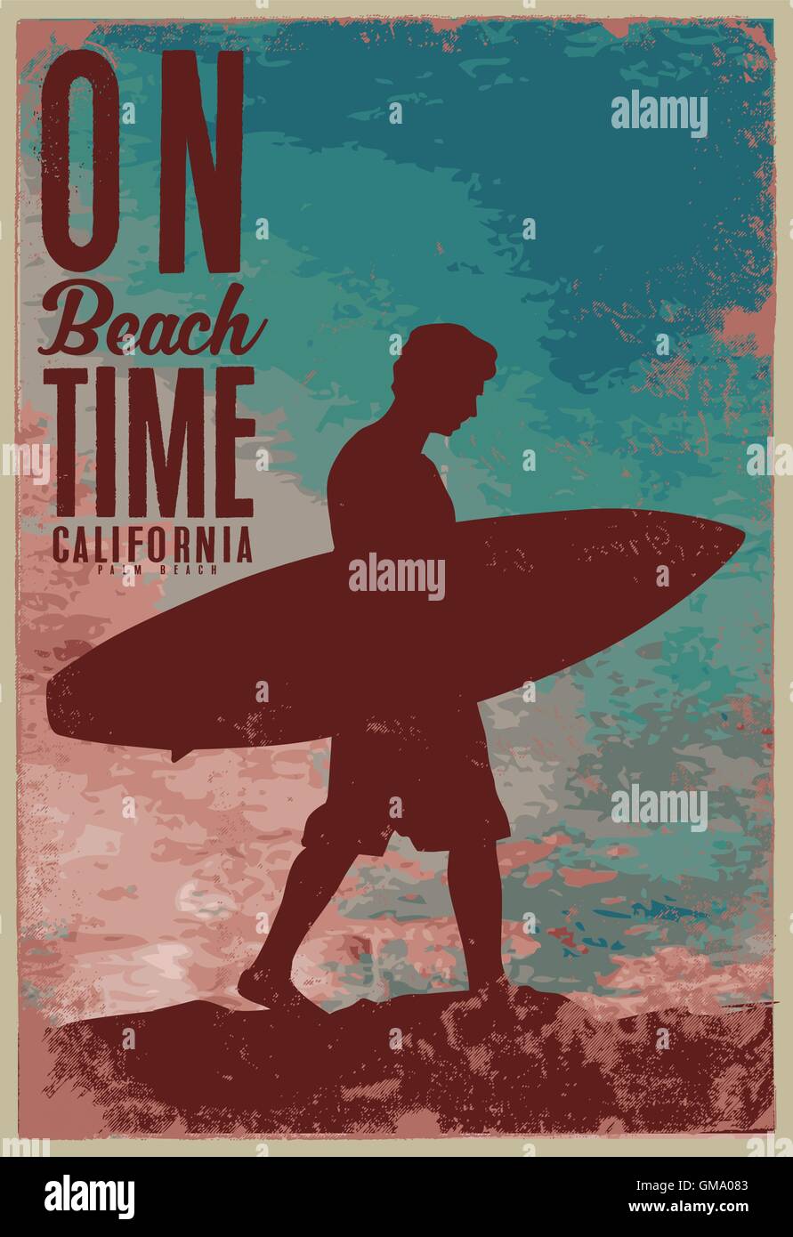 Vintage surfing cartel con Grunge antecedentes. Esta ilustración puede ser utilizado como una impresión en camisetas, parado o como póster. Ilustración del Vector