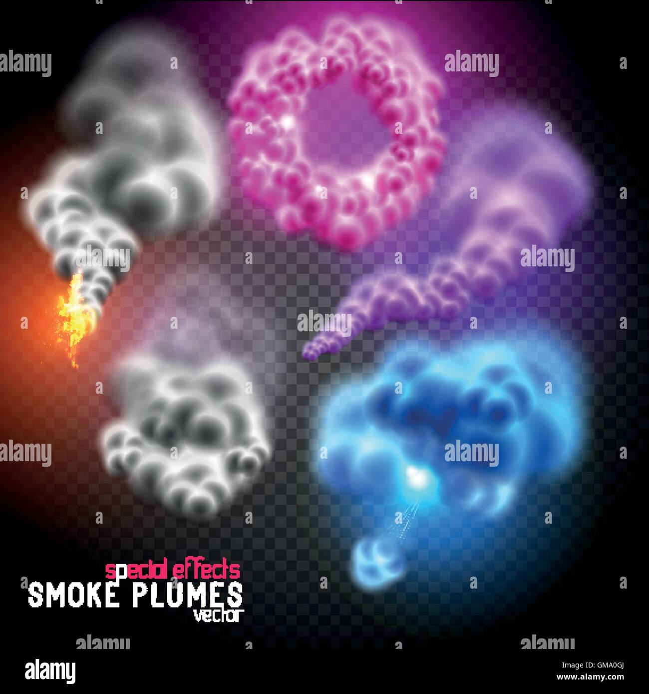 Colores fantásticos anillos de humo, nubes mullidas y penachos de humo. Ilustración vectorial. Ilustración del Vector