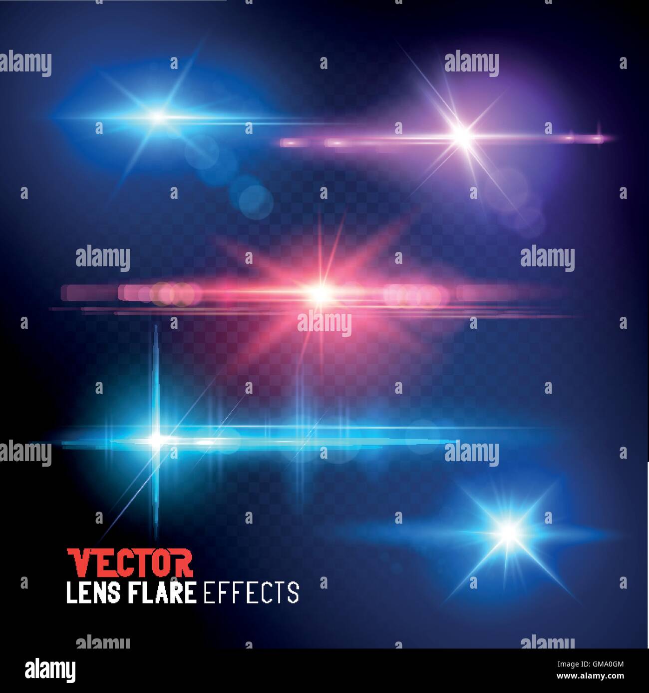 Un conjunto de vectores los brillos de la lente y de la luz solar llamaradas - efectos especiales. Ilustración del Vector