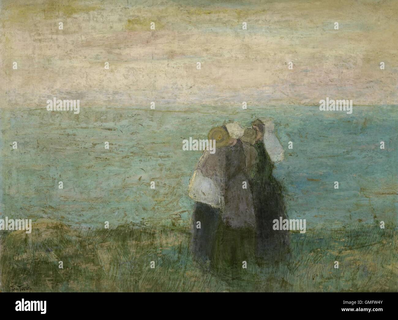 La mujer en el mar, por Jan Toorop, 1885-97, Holandés de pintura al óleo. . Dos mujeres caminando con un niño en sus brazos sobre el mar de las dunas. (BSLOC_2016_1_227) Foto de stock