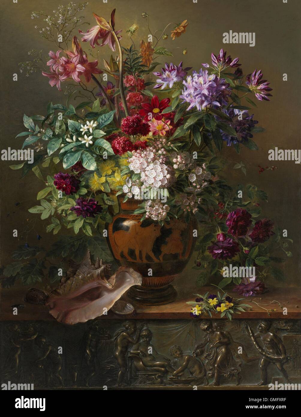 Bodegón con flores en un jarrón griego: Alegoría de la primavera, por Georgius Jacobus van Os 1817, pintura holandesa, óleo sobre lienzo (BSLOC 2016 2 288) Foto de stock