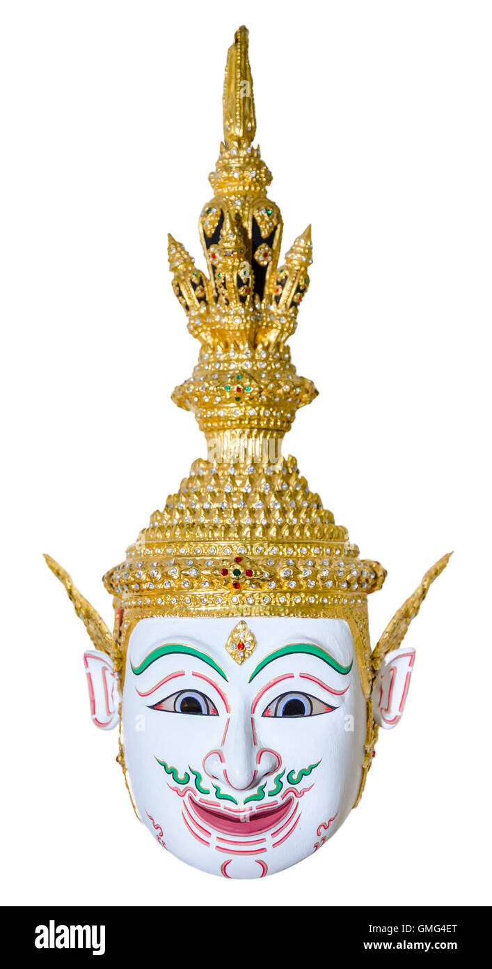 Máscara del actor blanco utilizado desgaste del cabezal para la estadificación aislado sobre fondo blanco, la cultura tradicional pantomima en Tailandia Foto de stock