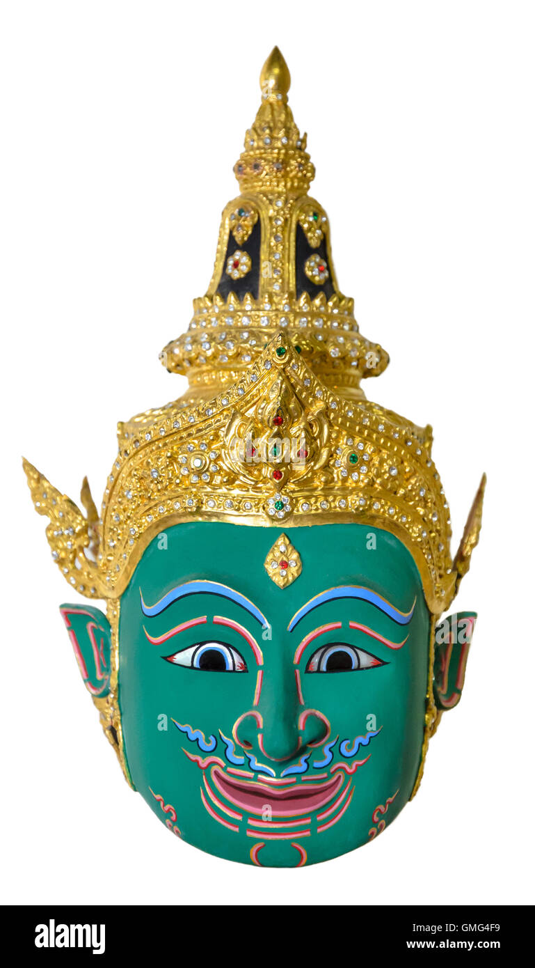 Verde máscara utilizada del actor desgaste del cabezal para la estadificación aislado sobre fondo blanco, la cultura tradicional pantomima en Tailandia Foto de stock