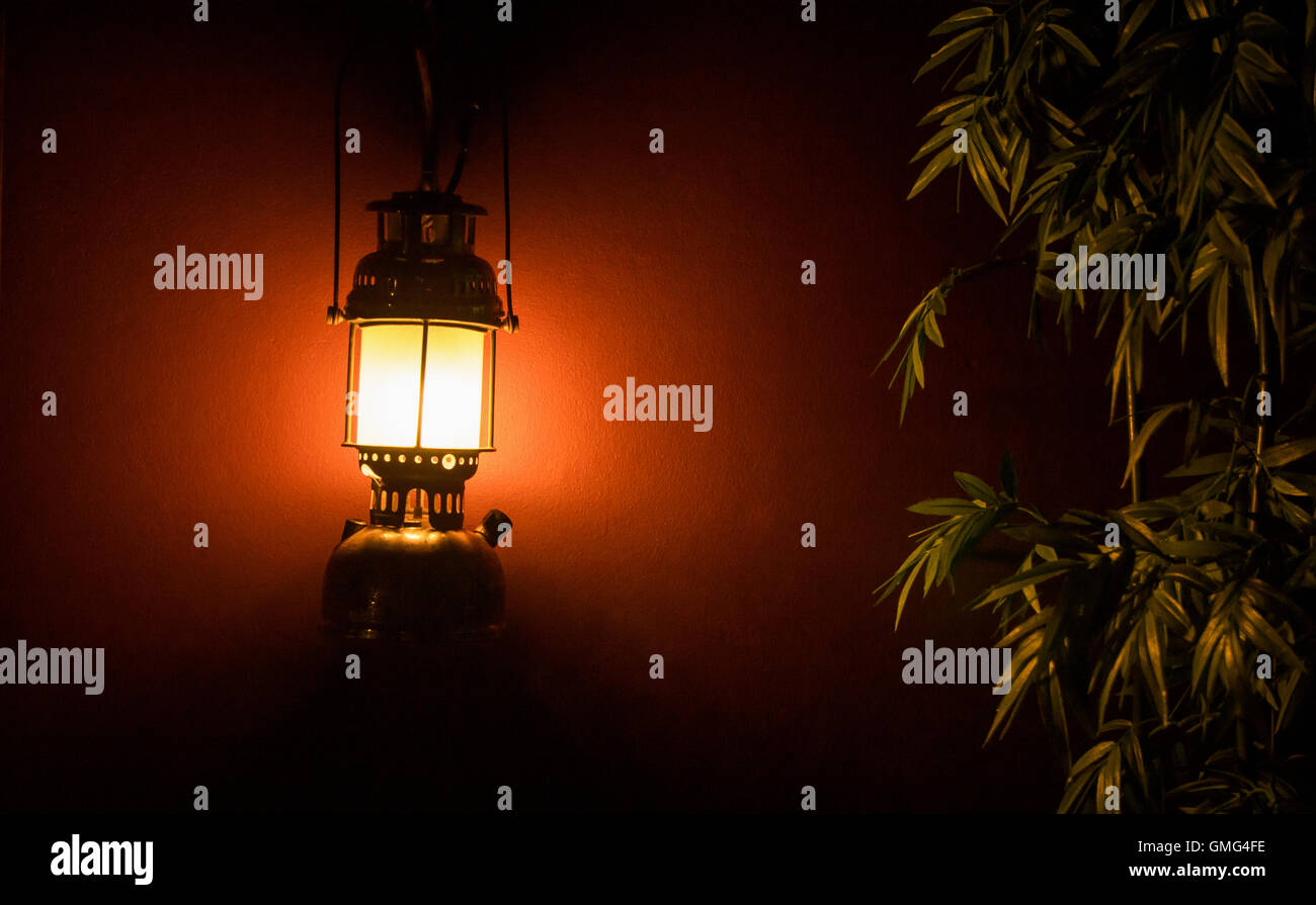 Linterna de luz en la pared junto a un árbol en la noche para un fondo Foto de stock