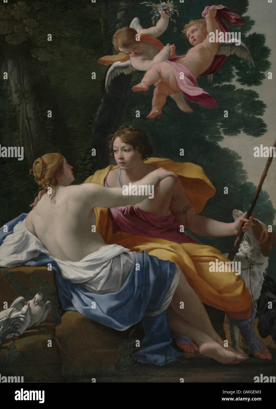 Venus y Adonis, por Simon Vouet, 1642, pintura francesa, óleo sobre lienzo. Venus, la diosa del amor, atrae a su amante mortal renuente, Adonis, que esté listo para volver a la caza (BSLOC 2016 6 201) Foto de stock