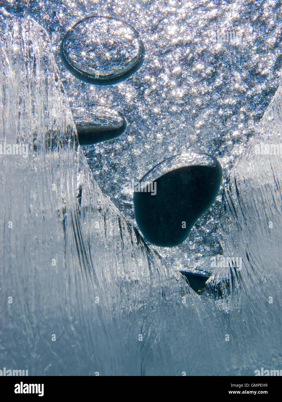 Las burbujas de aire atrapadas bajo la superficie de hielo congelado Foto de stock