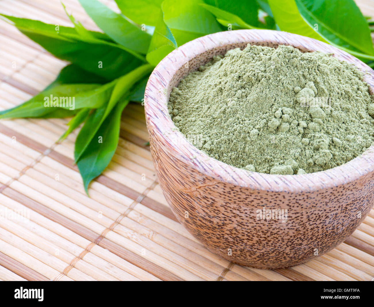 La henna en polvo en el tazón de coco en el fondo de hojas verdes Foto de stock