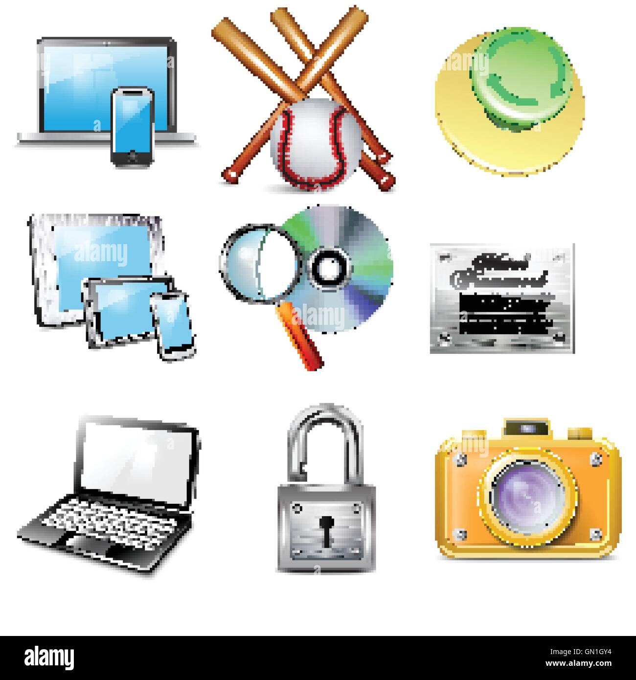 Set 9 vector iconos realistas, cámara, ordenador portátil, teléfono móvil,  Tablet, lupa, disco, candado metálico, bate de béisbol Imagen Vector de  stock - Alamy