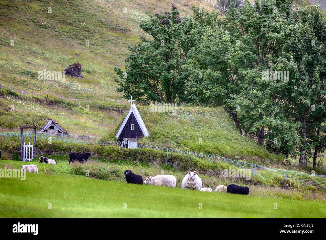 La iglesia más antigua de Islandia, Nupsstadur turf, iglesia, el Sur, Islandia Foto de stock