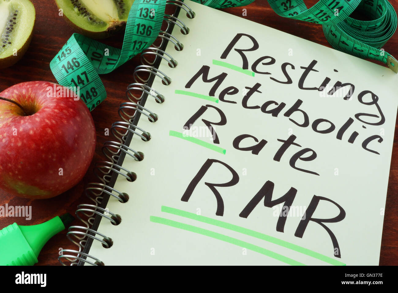 RMR la velocidad metabólica de descanso escrita en una hoja de bloc de notas. Foto de stock