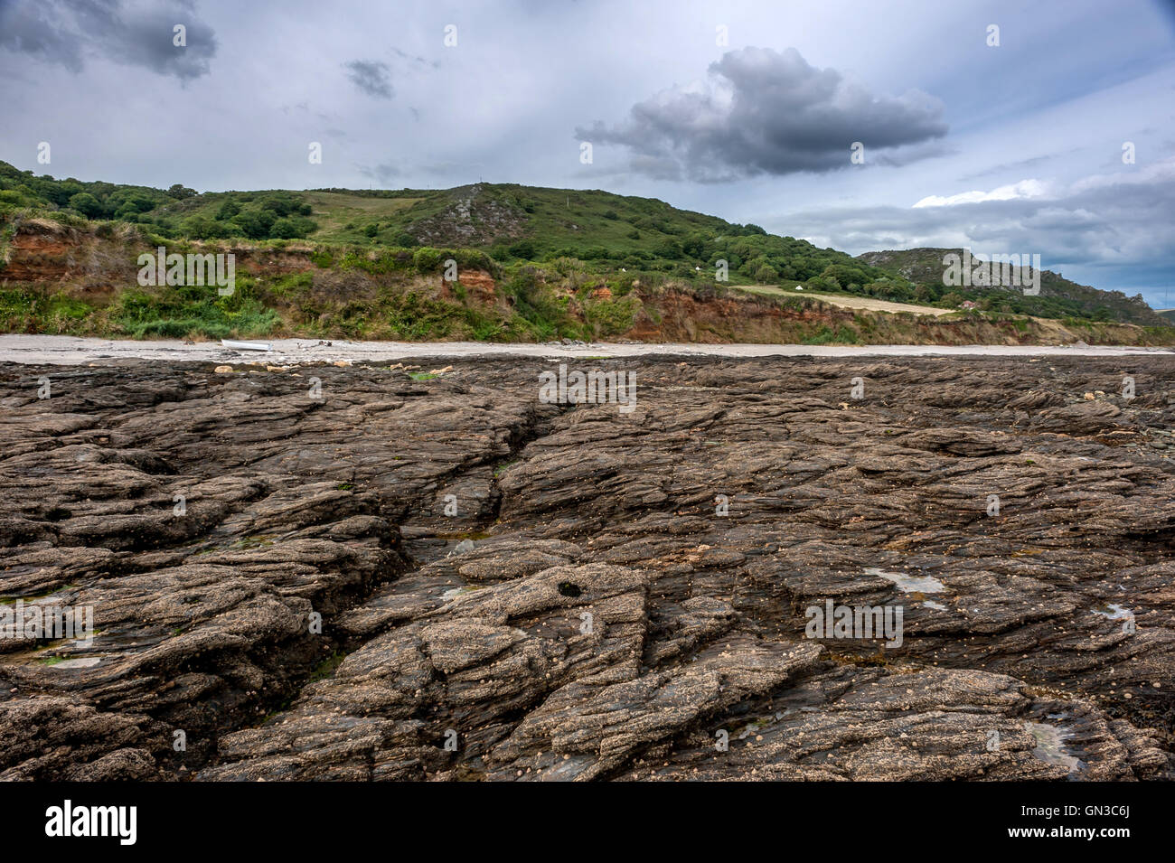 La vista horizontal de Prawle jamones, en el Sur zona de South Devon. Foto de stock