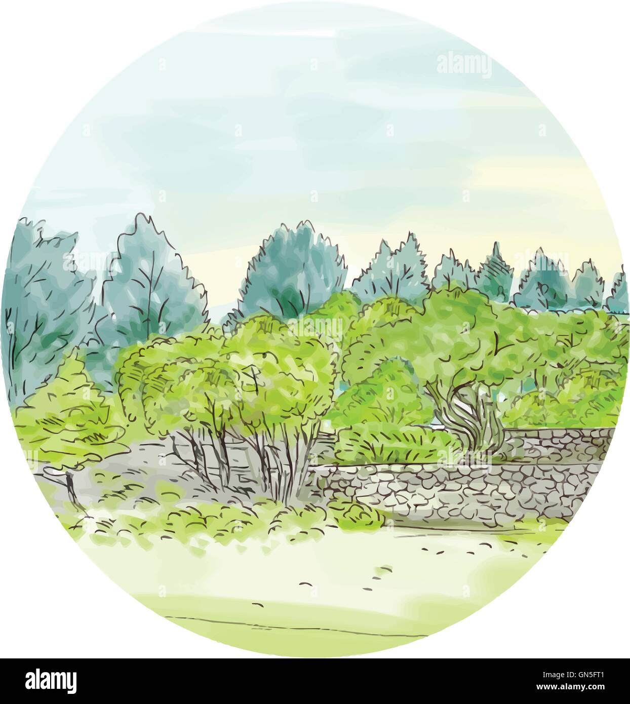 Los árboles en el parque con Cornwall Acuarela Oval Ilustración del Vector